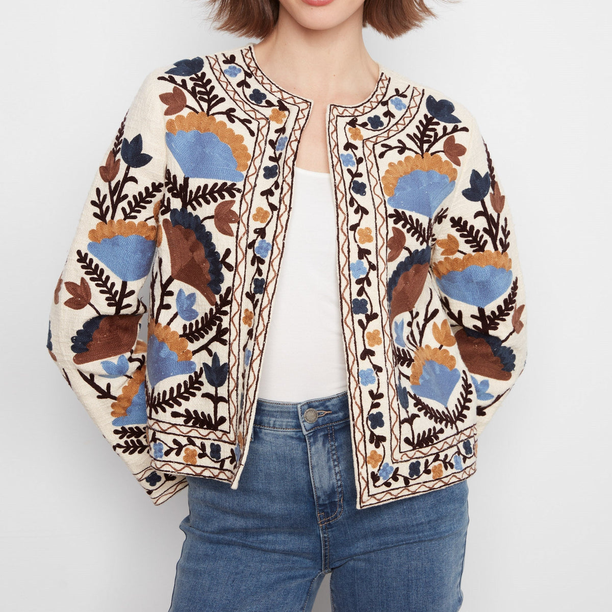 Embroidered Open Front Jacket