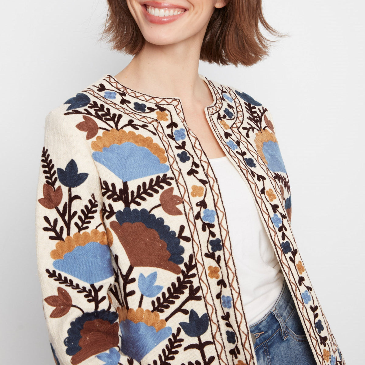 Embroidered Open Front Jacket