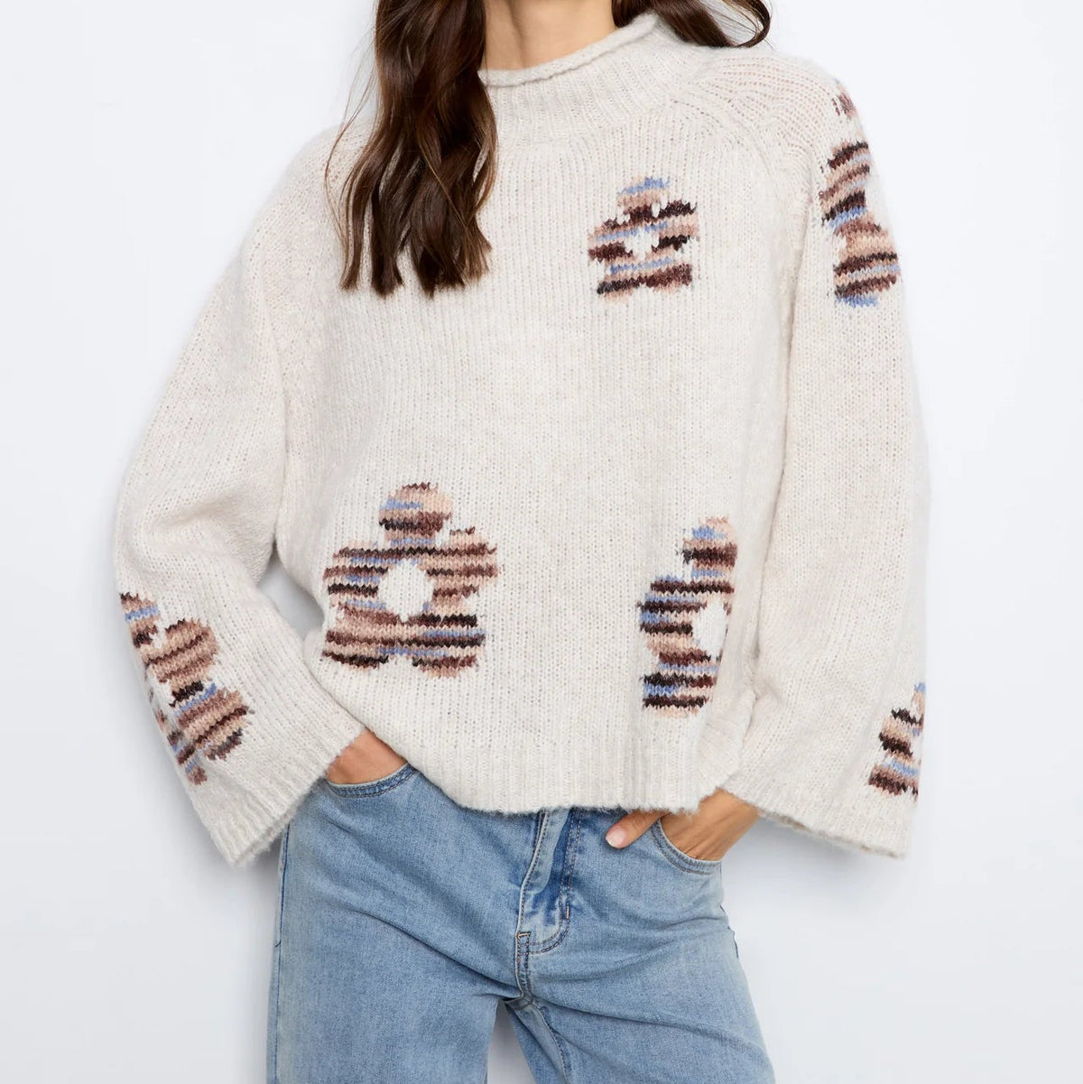 Floral Pattern Mock Neck Knit Sweater