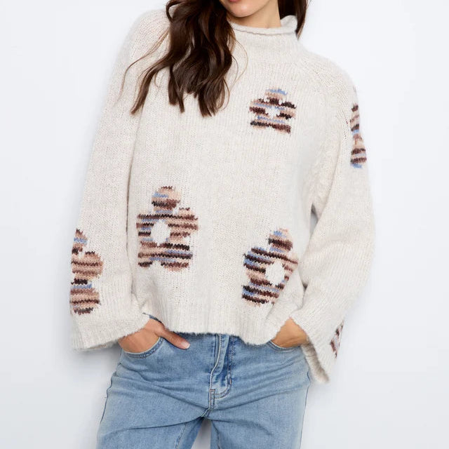 Floral Pattern Mock Neck Knit Sweater