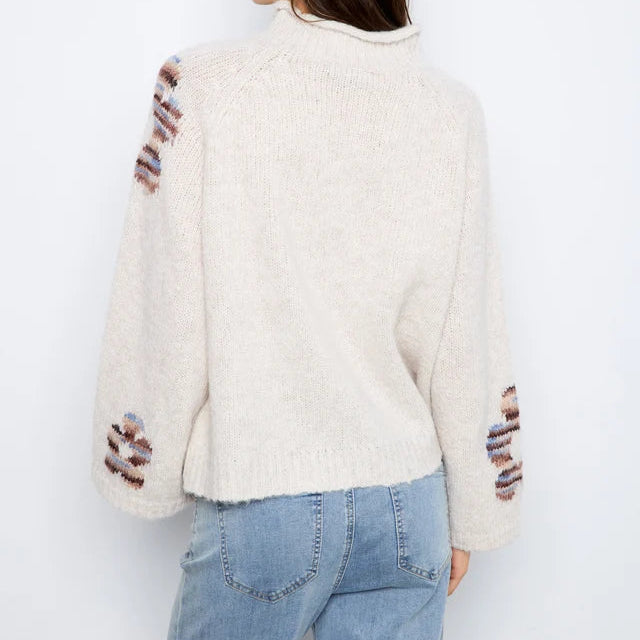 Floral Pattern Mock Neck Knit Sweater