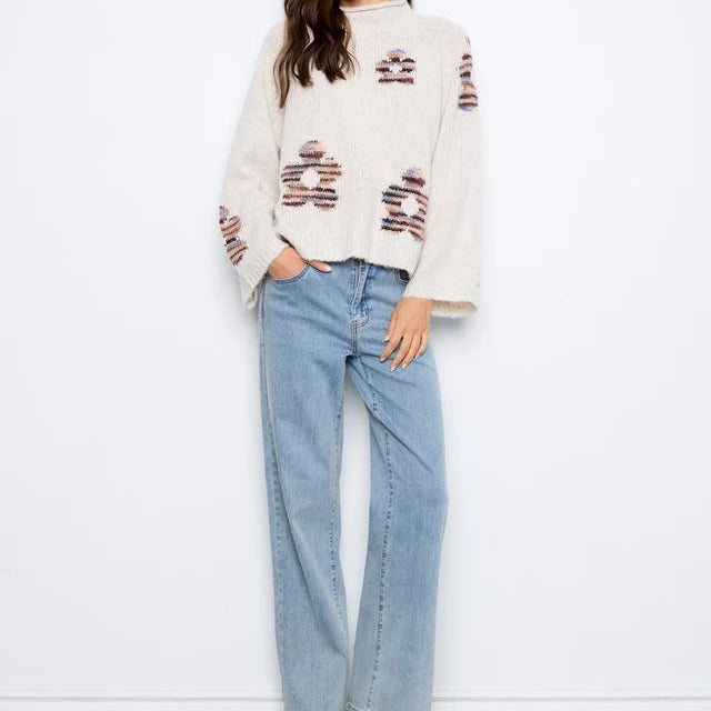 Floral Pattern Mock Neck Knit Sweater