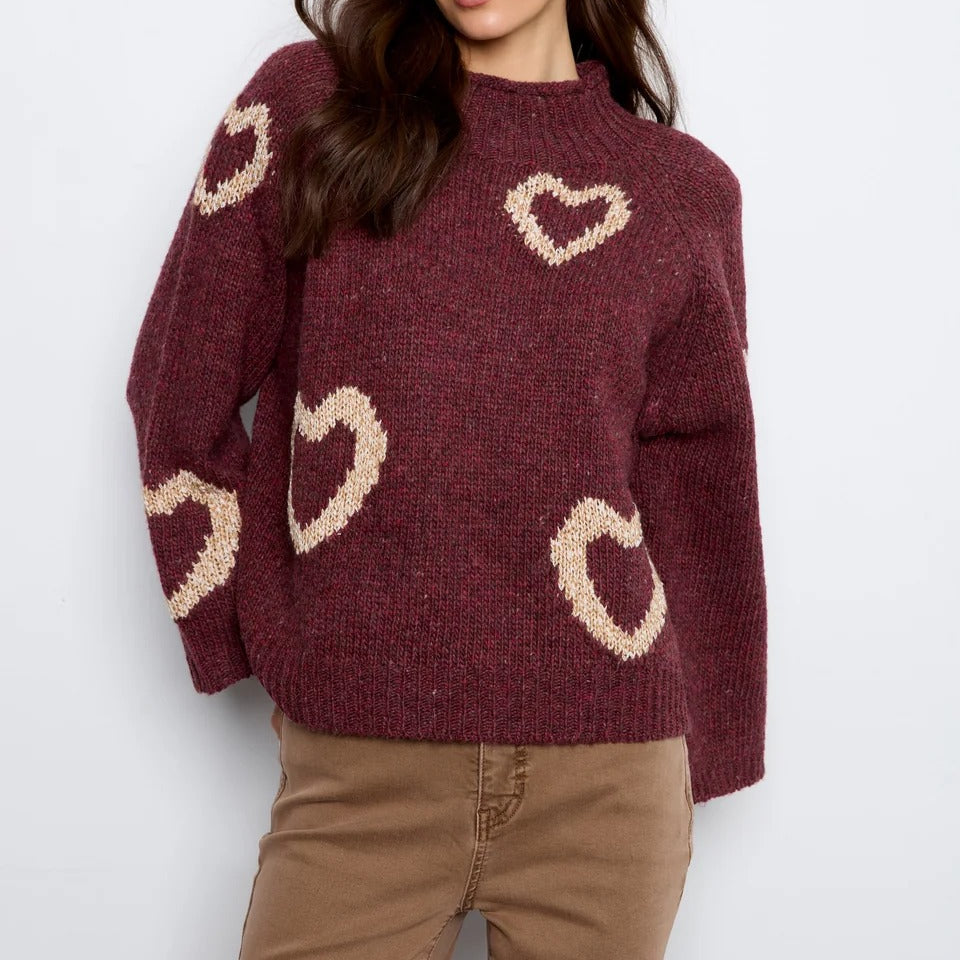 Heart Pattern Mock Neck Knit Sweater