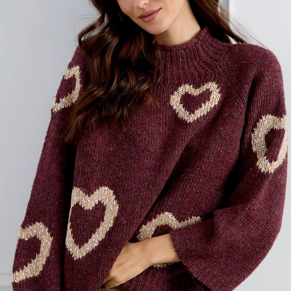 Heart Pattern Mock Neck Knit Sweater