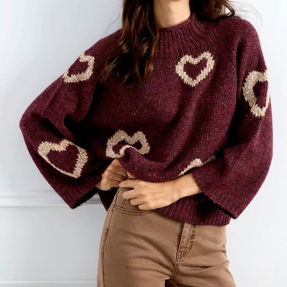 Heart Pattern Mock Neck Knit Sweater