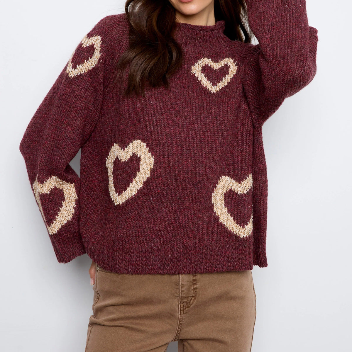 Heart Pattern Mock Neck Knit Sweater