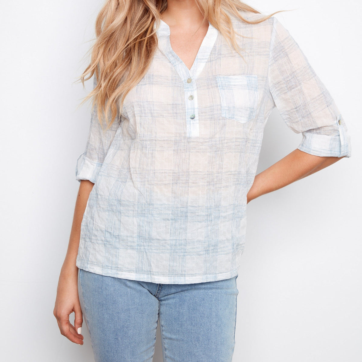 Plaid Cotton Voile Half-Button Blouse