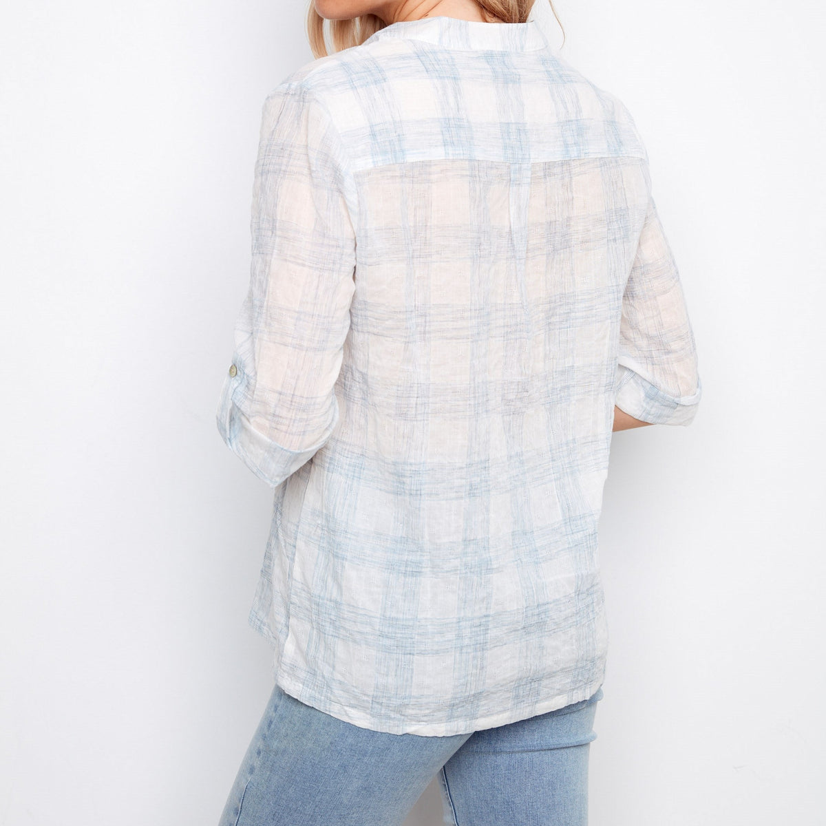 Plaid Cotton Voile Half-Button Blouse