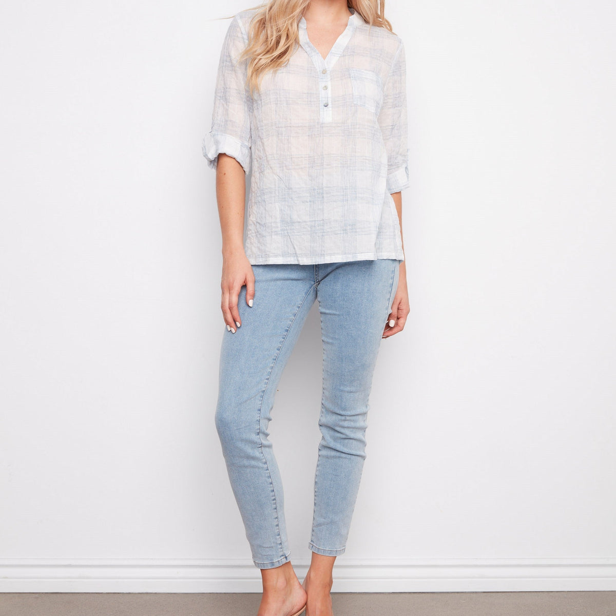 Plaid Cotton Voile Half-Button Blouse